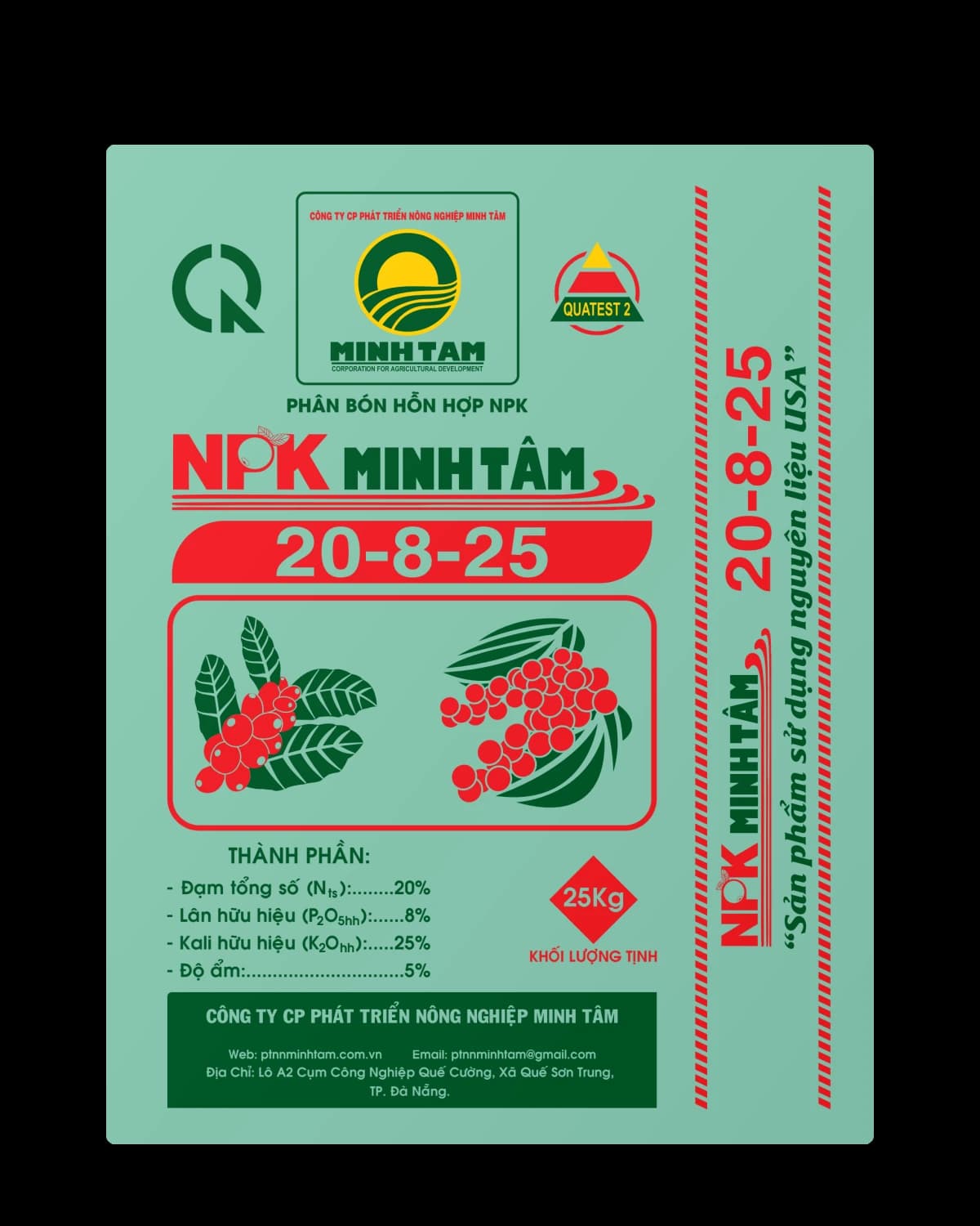 Bao NPK Minh Tâm 20-8-25 – mặt trước (hình thiết kế bao bì)