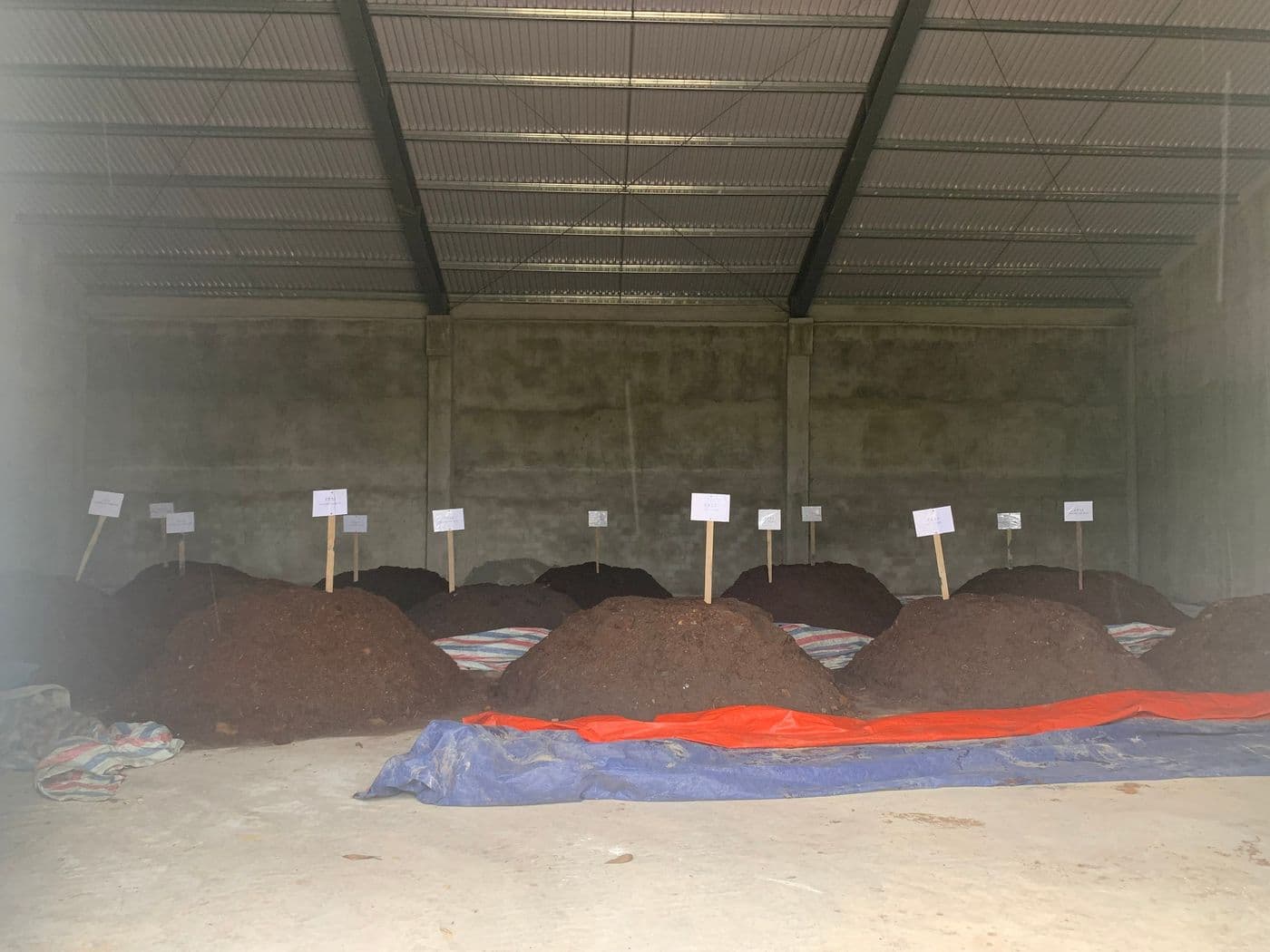 Các đống giá thể và phân vi sinh mẻ 1/lô 0 trong nhà xưởng